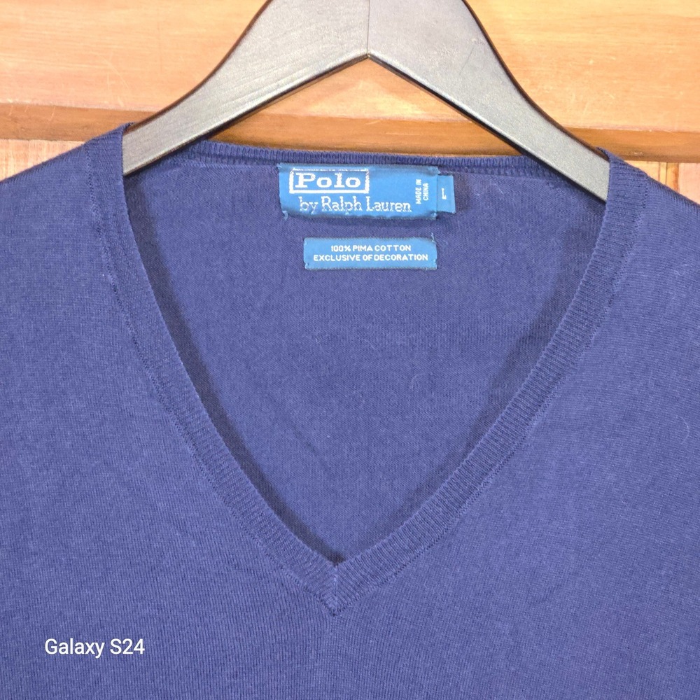 Polo Ralph Lauren Navy‎ Blue V Neck Pima Cotton Sweater Men's L